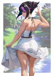  1girl absurdres arm_up ass_peek backless_shirt bare_arms bare_shoulders black_hair blurry blurry_background border breasts clothes_lift commentary_request commission day feet_out_of_frame fingernails from_behind green_nails grin hair_horns han_juri highres kneepits long_fingernails long_skirt looking_at_viewer looking_back medium_breasts midriff_peek multicolored_hair nail_polish outdoors park pink_hair purple_eyes shirt short_hair shoulder_blades sidelocks sideways_glance skeb_commission skirt skirt_hold skirt_lift sleeveless sleeveless_shirt smile solo standing streaked_hair street_fighter street_fighter_6 tree two-tone_hair w water white_border white_shirt white_skirt wind wind_lift yagi_(joe731842) 
