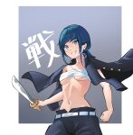  1girl belt blue_hair blush breasts chest_sarashi cowboy_shot gakuran highres midriff navel open_clothes sarashi school_uniform smile sword underboob weapon 