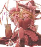  2girls blonde_hair book broom candy commentary crossed_legs fangs feet_out_of_frame flandre_scarlet food hat holding holding_book jeonjagolhaem kirisame_marisa konpeitou long_hair mob_cap multiple_girls open_mouth puffy_short_sleeves puffy_sleeves red_eyes short_hair short_sleeves touhou wavy_hair witch_hat yellow_eyes 