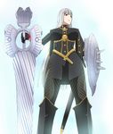  breasts gloves lance large_breasts long_hair military military_uniform pantyhose polearm red_eyes ribonzu selvaria_bles senjou_no_valkyria senjou_no_valkyria_1 sheath sheathed shield silver_hair solo uniform very_long_hair weapon 
