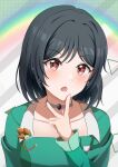  1girl absurdres black_hair blush collarbone commentary commentary_request dress earrings green_dress highres jewelry long_sleeves looking_at_viewer love_live! love_live!_nijigasaki_high_school_idol_club mifune_shioriko necklace ninben_(ninben_2892) open_mouth rainbow red_eyes short_hair sidelocks solo upper_body vroom_vroom_(love_live!) 