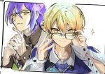  2boys adjusting_eyewear blonde_hair blue_hair blue_sweater_vest brown_shirt closed_mouth collared_shirt glasses hands_up kamishiro_rui looking_at_viewer multicolored_hair multiple_boys project_sekai purple_hair pyongtaro shirt simple_background smile streaked_hair sweater_vest tenma_tsukasa white_background yellow_eyes 