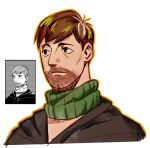  1boy alternate_race beard_stubble chilchuck_tims comic_panel_redraw connected_beard cropped_torso derivative_work dungeon_meshi facial_hair highres looking_ahead male_focus mature_male mikeyyangel0 mustache_stubble scarf short_hair sideburns solo stubble thick_eyebrows 