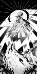  1girl absurdres barefoot black_hair breasts demon demon_girl demon_horns dress eyeball fate/grand_order fate_(series) floating flower greyscale halo_behind_head highres horns large_breasts long_hair looking_at_viewer looking_down mochimachi monochrome outstretched_arms pelvic_curtain reaching revealing_clothes sessyoin_kiara sessyoin_kiara_(beast_iii/r) solo spider_lily spread_arms thighhighs too_many_hands very_long_hair wavy_hair white_thighhighs 
