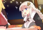  2girls :3 :d ahoge apron black_jacket blonde_hair blue_eyes braid breast_rest breasts breasts_on_table commentary_request double-parted_bangs dress food frilled_dress frills fur-trimmed_jacket fur_trim hair_ornament jacket kizuna_akari long_hair multiple_girls pasta petenshi_(dr._vermilion) pleated_skirt restaurant skirt sleeves_past_wrists smile spaghetti table translation_request tsurumaki_maki voiceroid white_apron white_hair 