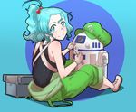  alternate_hairstyle astromech_droid bakuya blue_eyes blue_hair crossover dirty gloves hair_bobbles hair_ornament hat hat_removed headwear_removed highres kawashiro_nitori looking_back no_socks ponytail r2-d2 short_hair smile solo star_wars touhou 