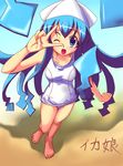  bad_id bad_pixiv_id barefoot blue_eyes blue_hair hat ikamusume long_hair one-piece_swimsuit one_eye_closed school_swimsuit shinryaku!_ikamusume solo swimsuit tentacle_hair tentacles v white_school_swimsuit white_swimsuit x.x 