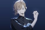  1boy black_shirt blue_background brown_hair collared_shirt earphones hand_up highres jewelry kanae_(nijisanji) looking_at_viewer male_focus microphone migo45 necklace nijisanji ring shirt simple_background smile solo wing_collar 