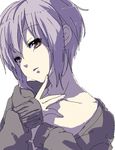  a-ka bad_id bad_pixiv_id brown_eyes cardigan collarbone eyebrows_visible_through_hair finger_to_face grey_hair hair_between_eyes hands head_tilt looking_at_viewer nagato_yuki nape oekaki parted_lips purple_hair short_hair sidelocks sleeves_past_wrists solo suzumiya_haruhi_no_yuuutsu 