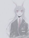  1girl animal_ears black_jacket breast_pocket buttons collared_shirt crescent crescent_moon crescent_pin crying crying_with_eyes_open glowing hair_between_eyes jacket long_hair long_sleeves messy_hair moon n0een necktie open_mouth pale_skin pin pocket rabbit_ears rabbit_girl red_eyes red_necktie reisen_udongein_inaba shirt simple_background tears touhou very_long_hair white_background white_fur white_shirt 