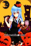  basket blue_hair candy food halloween happy_halloween hat jack-o'-lantern kamishirasawa_keine lollipop long_hair pumpkin puranerairaku red_eyes solo touhou 