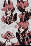  1boy 1girl alastor_(hazbin_hotel) animal_ears arublanche bow bowtie claws closed_mouth colored_sclera demon_boy demon_girl grin half-closed_eyes hazbin_hotel highres looking_at_another musical_note niffty_(hazbin_hotel) open_mouth red_claws red_hair red_sclera red_suit sharp_teeth short_hair smile suit teeth 