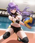  1girl absurdres ball bare_shoulders black_shorts black_thighhighs blurry blurry_background breasts bump_(volleyball) cleavage cleavage_cutout closed_mouth clothing_cutout cropped_shirt elbow_pads enya_murphy facing_viewer floating_hair foot_out_of_frame gym headgear highres indoors knee_pads large_breasts long_hair looking_to_the_side navel official_art pink_eyes purple_hair shirt shorts single_knee_pad single_thighhigh sleeveless sleeveless_shirt smile snowbreak:_containment_zone solo sportswear stomach thighhighs volleyball volleyball_(object) volleyball_uniform white_shirt 