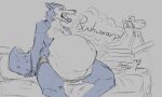 anthro beastars belly big_belly burping camera canid canine canis clothed clothing distended_belly emanata english_text feederism food legoshi_(beastars) love_handles male mammal onomatopoeia overweight overweight_anthro overweight_male pizza pizza_box recording riece_ranchoa sketch solo sound_effects stuffing text thick_thighs underwear underwear_only wolf