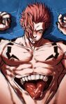  1boy abs bara black_nails chest_tattoo cowboy_shot cum cum_in_mouth extra_eyes extra_mouth implied_yaoi jujutsu_kaisen large_pectorals looking_at_viewer lying male_focus muscular muscular_male nipples on_back pectorals red_eyes ryoumen_sukuna_(jujutsu_kaisen) ryoumen_sukuna_(jujutsu_kaisen)_(true_form) short_hair shoulder_tattoo smokerichi solo spiked_hair spread_legs stomach_mouth tattoo 