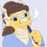 1:1 ambiguous_gender anthro blue_eyes chocolatekitsune dragon ear_piercing ear_ring hair jewelry pen piercing portrait ring_piercing signature simple_background smoke_from_nose solo thinking yellow_body yellow_skin