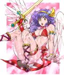  1girl ankle_lace-up armlet athena_(series) bikini breasts cleavage gladiator_sandals hairband jewelry long_hair medium_breasts navel nishimura_kinu open_mouth princess_athena purple_hair red_bikini sandals shield simple_background snk solo swimsuit sword weapon 