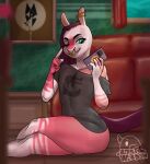 anthro blurred_background clothed clothing equid equine facial_piercing girly green_eyes hi_res horse hybrid lostwisdom male mammal nose_piercing nose_ring pantsless piercing pink_body ring_piercing selfie solo thick_thighs