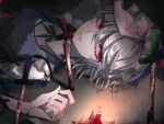  1girl 33_gaff blood commentary grey_hair izayoi_sakuya knife looking_at_viewer maid_headdress parted_lips red_eyes short_hair solo touhou upper_body 