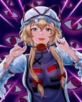  1girl absurdres blonde_hair breasts buhbuhbored crime_prevention_buzzer emphasis_lines highres large_breasts orange_eyes shukusei!!_loli-gami_requiem sidelocks smile solo tabard touhou upper_body wide_sleeves yakumo_yukari 