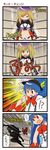  4koma blue_hair comic dei_shirou food fruit gradient_hair highres hijiri_byakuren hinanawi_tenshi multicolored_hair multiple_girls navel peach red_eyes ribbon touhou translated 