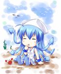  blue_eyes blue_hair bracelet chibi crab fujimoto_akio hat ikamusume jewelry long_hair shinryaku!_ikamusume solo tentacle_hair tentacles underwater 