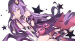 1girl absurdres bare_shoulders breasts chinese_commentary cleavage closed_mouth dress hair_between_eyes hair_flaps hair_ornament highres honkai_(series) honkai_impact_3rd ling_kongling long_hair looking_at_viewer medium_breasts purple_dress purple_hair purple_nails purple_ribbon ribbon sidelocks simple_background sirin sirin_(miracle_magical_girl) smile solo star_(symbol) very_long_hair white_background yellow_eyes 