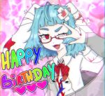  1girl ;d @_@ ahoge animal_ears bandages blood blood_on_bandages blouse blue_hair blunt_bangs bow fang happy_birthday indie_virtual_youtuber light_blue_hair lop_rabbit_ears miaelou_(artist) off-shoulder_sweater off_shoulder one_eye_closed para_(vtuber) para_(vtuber)_(3rd_costume) rabbit_ears red-framed_eyewear red_eyes semi-rimless_eyewear shirt short_hair smile sweater thick_eyebrows upper_body w w_over_eye white_shirt 