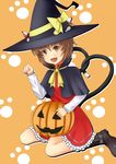  animal_ears bitan boots brown_eyes brown_hair cat_ears cat_tail chen earrings ears_through_headwear fang halloween hat heart heart_tail highres jack-o'-lantern jewelry multiple_tails paw_pose pumpkin short_hair solo tail touhou wings witch_hat 