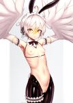 1girl actinium89 ahoge arm_garter armpits arms_up black_necktie breasts cowboy_shot fake_tail grey_hair hair_between_eyes harpy highres maid_headdress meme_attire monster_girl necktie original pussy reverse_bunnysuit reverse_outfit short_hair small_breasts solo tail yellow_eyes 