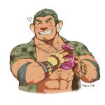  1boy abs bara bare_pectorals camouflage camouflage_shirt chinstrap_beard chocolate cropped_torso facial_hair food goatee_stubble grin hairy happy heart holding holding_chocolate holding_food kaku_(kakuillustrate) large_pectorals male_focus mature_male muscular muscular_male open_clothes open_shirt panther_boy panther_ears pectorals shirt short_hair sideburns smile solo sparse_arm_hair sparse_chest_hair stomach stubble thick_eyebrows tokyo_afterschool_summoners v-shaped_eyebrows valentine wood_wrestler_(housamo) 