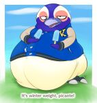 animal_crossing anthro avian bastardpalace beak belly_on_ground belly_overhang bird clothing dialogue feathered_wings feathers feet food hi_res jacket looking_at_viewer male morbidly_obese nintendo obese overweight penguin popsicle solo talking_to_viewer talons tex_(animal_crossing) toes topwear wings