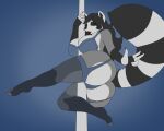 big_breasts big_butt blackbetty breasts butt clothed clothing female feral franciene_(tango&#039;s_family) hair legwear lingerie looking_at_viewer mammal pole procyonid raccoon simple_background smile solo stockings stripper_pole tail thick_thighs