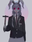  1girl animal_ears black_jacket blood blood_drip blood_drop blood_in_hair blood_on_clothes blood_on_face blood_on_weapon blood_stain breast_pocket buttons circlet collared_shirt crescent crescent_moon crescent_pin hair_between_eyes hammer holding holding_hammer holding_weapon jacket long_hair long_sleeves looking_up messy_hair moon n0een necktie pale_skin pin pink_skirt pocket purple_hair rabbit_ears rabbit_girl red_eyes red_necktie reisen_udongein_inaba shirt simple_background skirt sleeves_past_wrists touhou very_long_hair weapon white_background white_fur white_shirt 