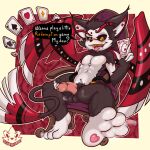 balls card chair demon dialogue feet felid feline furniture furry gambler gambling genitals hazbin_hotel hi_res husk husk_(hazbin_hotel) invalid_tag male mammal musk nsfw package paws pecs penis sitting solo tabyhyen4_(artist) tail teasing winged_tail wings