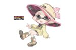  1boy black_eyes black_shorts brown_footwear cross-laced_footwear fang full_body hat inkling_boy inkling_player_character jacket open_mouth pink_hair pink_trim pointy_ears shoes short_hair short_shorts shorts simple_background skin_fang smile solo spl8ya splatoon_(series) sticker straw_hat tentacle_hair thick_eyebrows v white_background yellow_jacket 