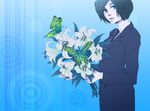  artist_request blue brown_hair bug butterfly flower formal insect meiko necktie pant_suit short_hair solo suit vocaloid 