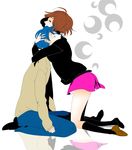  1girl ahoge artist_request couple hetero hug kaito meiko rolling_girl_(vocaloid) skirt socks surprised vocaloid 