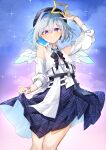  1girl absurdres amane_kanata arm_up bare_shoulders beret black_ribbon blue_dress blue_hair blue_headwear blush closed_mouth cloud cloudy_sky colored_inner_hair commentary_request detached_sleeves dress eme_(emeralda) feet_out_of_frame gradient_wings grey_hair hair_between_eyes halo hat highres hololive looking_at_viewer mini_wings multicolored_hair multicolored_wings neck_ribbon necktie plaid_headwear purple_eyes ribbon short_hair single_hair_intake skirt_hold sky smile solo sparkle star_halo variant_set virtual_youtuber white_necktie white_wings wings yellow_halo 