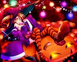  bad_id bad_pixiv_id bandages candy food fork futami_mami halloween idolmaster idolmaster_(classic) jack-o'-lantern natsu_(anta_tte_hitoha) pumpkin solo striped striped_legwear thighhighs 
