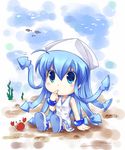  ahoge animal_hat blue_eyes blue_hair blush bracelet chibi crab dress finger_to_mouth fujimoto_akio hat ikamusume jewelry long_hair pointing prehensile_hair shinryaku!_ikamusume shoes sitting solo tentacle_hair tentacles underwater very_long_hair 