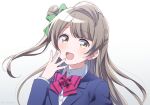  1girl blue_jacket bow bowtie brown_eyes collared_shirt commentary commentary_request grey_hair jacket long_hair long_sleeves looking_at_viewer love_live! love_live!_school_idol_project minami_kotori one_side_up open_mouth otonokizaka_school_uniform red_bow red_bowtie school_uniform shirt sidelocks solo striped_bow striped_bowtie striped_clothes surufuji swept_bangs teeth upper_body upper_teeth_only white_background white_shirt winter_uniform 