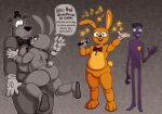 2024 3_toes 4_fingers 5_fingers animatronic anthro bear biped black_hair bodily_fluids bow_tie buckteeth butt button_(fastener) clothing dialogue duo electronics english_text eyelashes eyewear facial_hair feet fingers five_nights_at_freddy&#039;s freddy_(fnaf) glasses gloves green_eyes grey_background grin hair handwear hat head_tuft headgear headwear human lagomorph leporid long_ears machine male mammal microphone monobutt multiple_images musical_note mustache nanocorpx orange_body purple_body rabbit robot scottgames scut_tail short_tail simple_background smile soles spanish_text speech_bubble spring_bonnie_(fnaf) star sweat sweatdrop tail teeth teeth_showing text thick_thighs toes top_hat tuft white_clothing white_gloves white_handwear william_afton_(fnaf) yellow_inner_ear