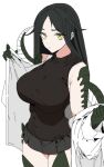  1girl absurdres black_hair breasts highres large_breasts lizard_tail long_hair looking_at_viewer monster_girl reptile_girl scales scp-682 scp_foundation skirt solo tail white_background yellow_eyes 