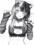  1girl :&gt; absurdres alternate_breast_size animal_ear_fluff animal_ears blush bra breasts cat_cutout cat_ears cat_lingerie choker closed_mouth clothing_cutout cross cross_earrings earrings fingernails frilled_bra frills greyscale hair_ornament hands_up head_tilt heart highres hololive hololive_english jewelry kemonomimi_mode lace lace_choker long_fingernails looking_at_viewer medium_breasts meme_attire monochrome multicolored_hair nail_polish nanashi_(nlo) one_eye_closed paw_pose pendant_choker shiori_novella simple_background smile solo striped_arm_warmers tongue tongue_out two-tone_hair underwear upper_body virtual_youtuber 
