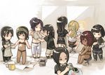  :&lt; ahoge aoin apron backstage black_hair blonde_hair blush bra brown_hair chibi dark_skin hair_ornament hairband hairclip lingerie making_of mirror multicolored_hair multiple_girls original panties ponytail red_hair spray_paint two-tone_hair underwear underwear_only yellow_eyes 