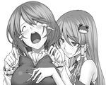  bare_shoulders blush bullying face greyscale hair_ornament hands hiroya_juuren kochiya_sanae monochrome multiple_girls naughty_face smile tatara_kogasa tears touhou you_gonna_get_raped yuri 