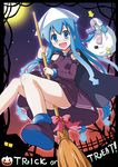  alternate_color blue_eyes blue_hair bracelet broom c.r. candy cape detached_sleeves food halloween hat ikamusume jack-o'-lantern jewelry long_hair prehensile_hair pumpkin riding sack shinryaku!_ikamusume solo trick_or_treat 