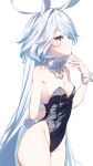  1girl absurdres ahoge alternate_costume animal_ears arm_behind_back bare_shoulders blue_eyes blue_hair blue_nails blush breasts cleavage cowboy_shot detached_collar fake_animal_ears fake_tail finger_to_own_chin focalors_(genshin_impact) genshin_impact hand_up highleg highleg_leotard highres leotard long_hair looking_at_viewer multicolored_hair nail_polish playboy_bunny rabbit_ears rabbit_tail saku20 simple_background small_breasts smile solo strapless strapless_leotard streaked_hair symbol-shaped_pupils tail very_long_hair white_background wrist_cuffs 