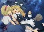  alice_margatroid aoi_(annbi) blonde_hair broom broom_riding capelet hand_on_another's_cheek hat kirisame_marisa multiple_girls night shanghai_doll touhou witch_hat 